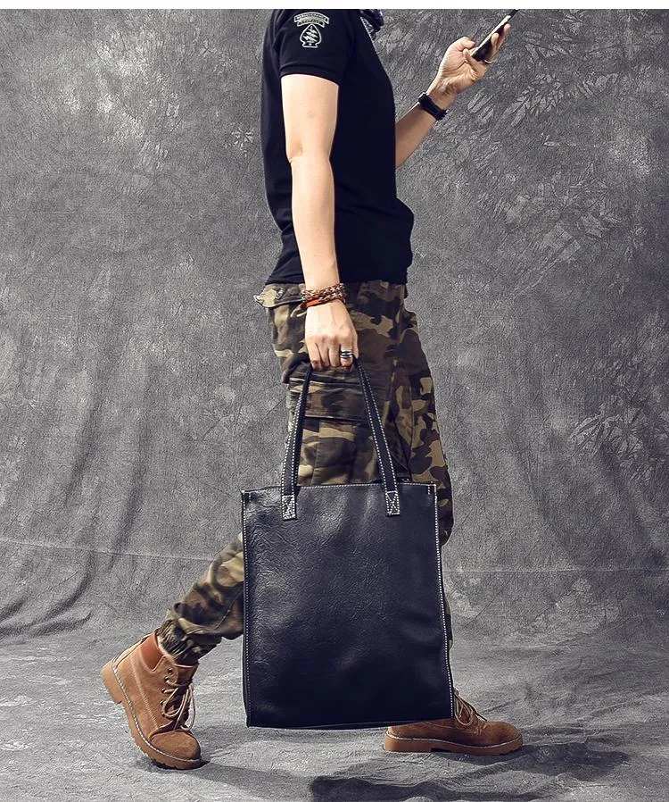Soft Leather Mens Womens 15" Large Shoulder Bag Black Tote Bag Large Side Bag For Men