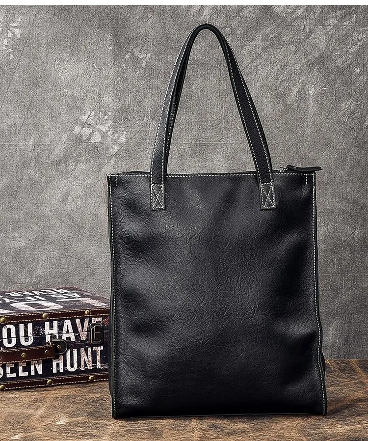 Soft Leather Mens Womens 15" Large Shoulder Bag Black Tote Bag Large Side Bag For Men