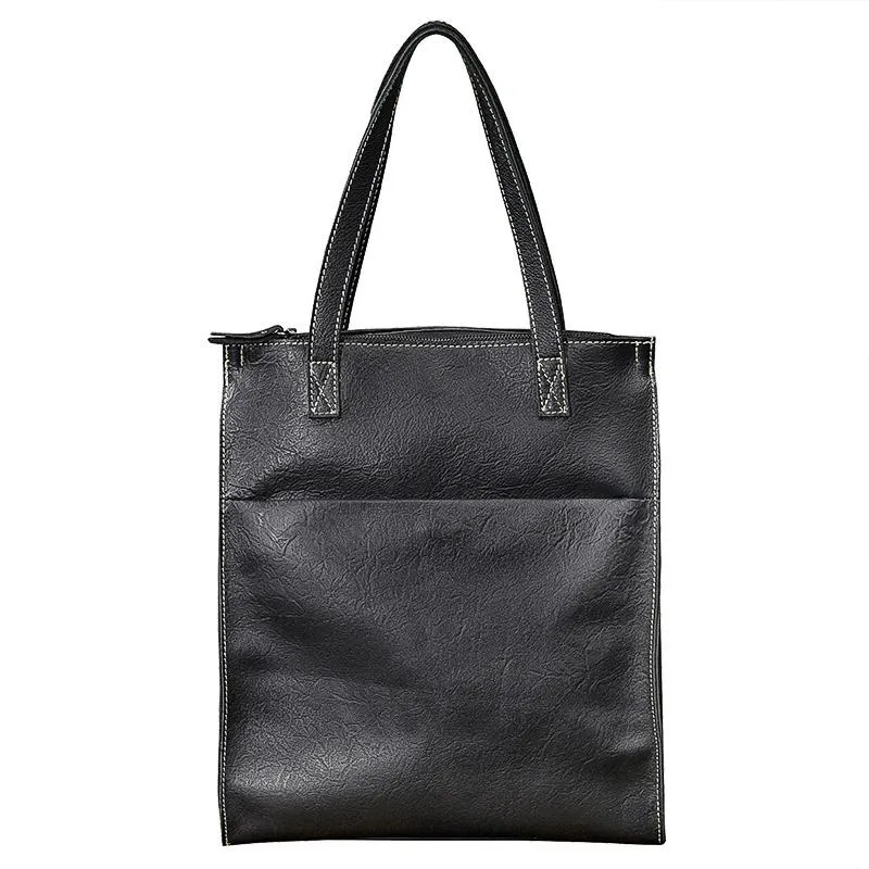 Soft Leather Mens Womens 15" Large Shoulder Bag Black Tote Bag Large Side Bag For Men