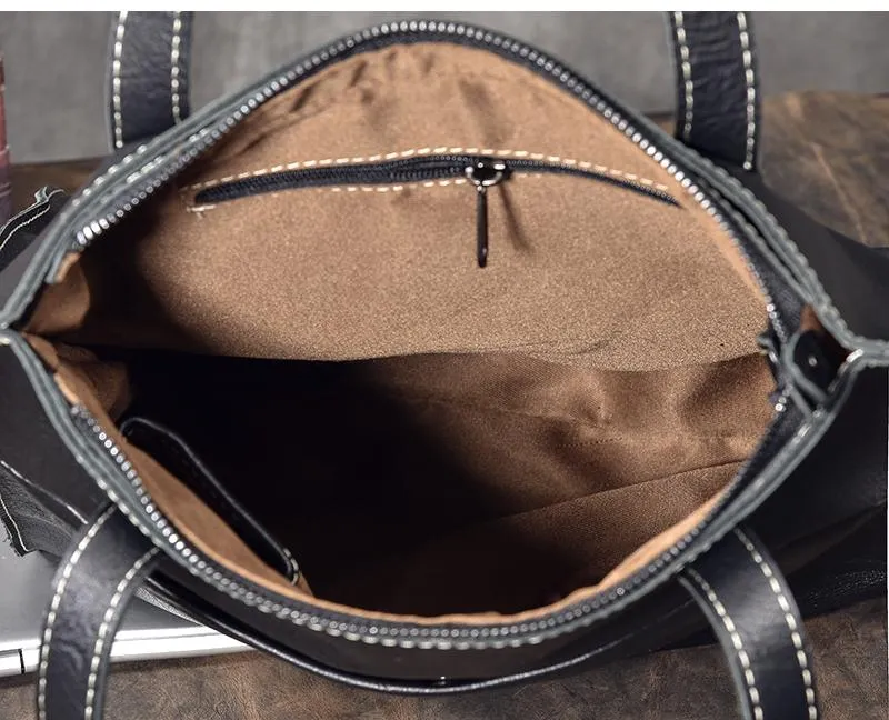 Soft Leather Mens Womens 15" Large Shoulder Bag Black Tote Bag Large Side Bag For Men