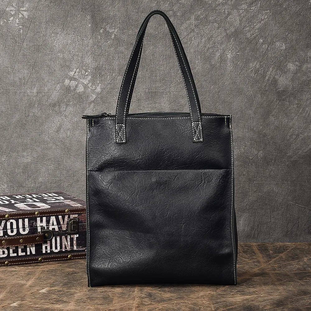 Soft Leather Mens Womens 15" Large Shoulder Bag Black Tote Bag Large Side Bag For Men