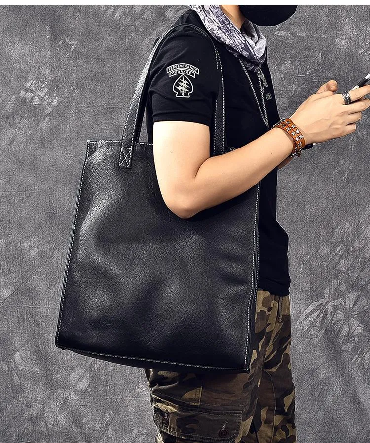 Soft Leather Mens Womens 15" Large Shoulder Bag Black Tote Bag Large Side Bag For Men