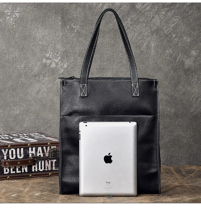 Soft Leather Mens Womens 15" Large Shoulder Bag Black Tote Bag Large Side Bag For Men