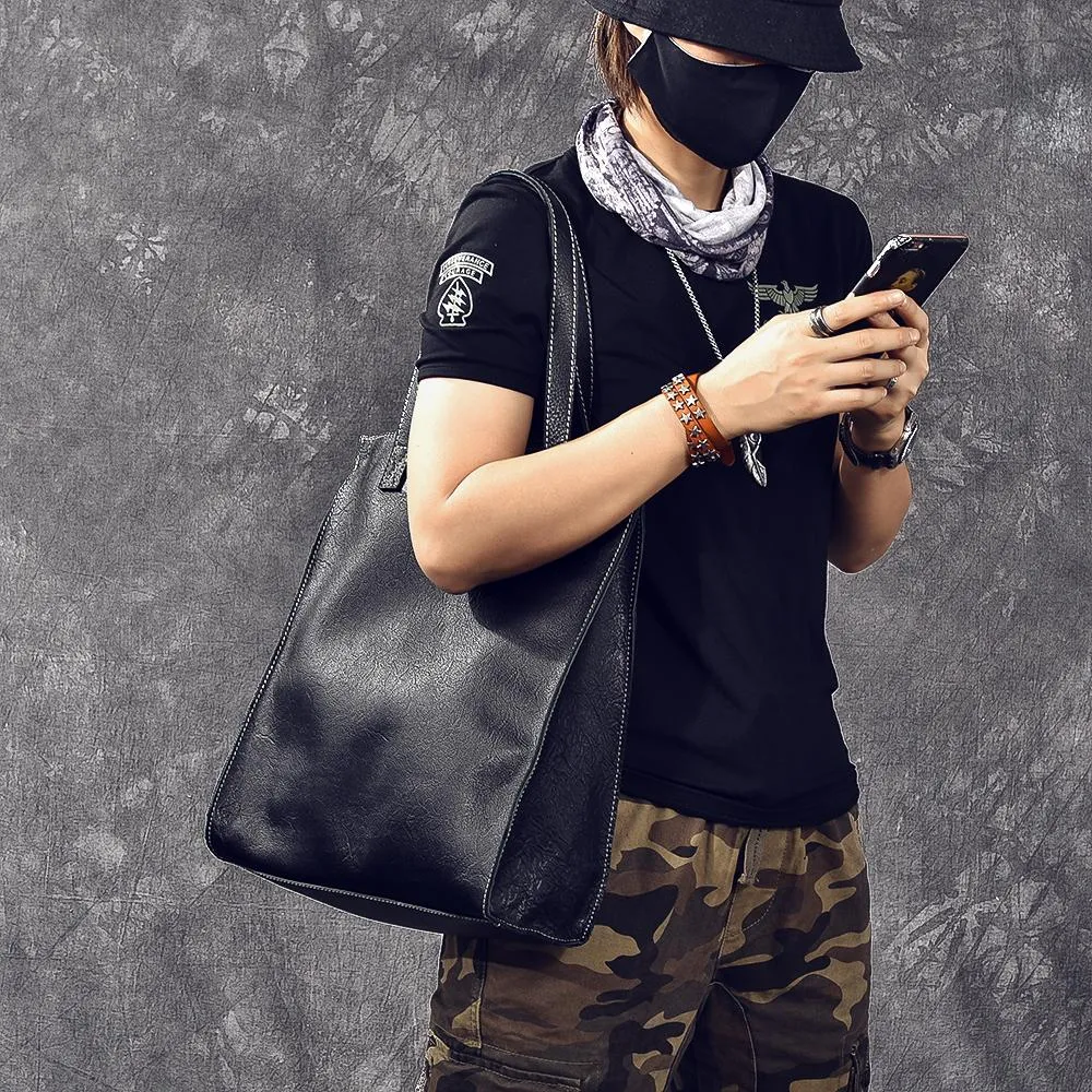 Soft Leather Mens Womens 15" Large Shoulder Bag Black Tote Bag Large Side Bag For Men