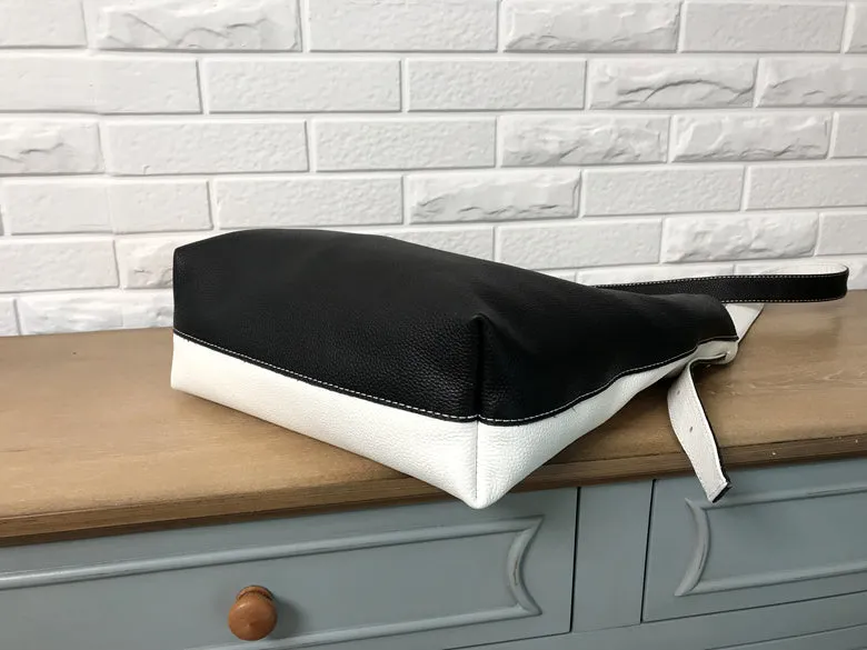 Stylish White Black Leather Tote Bag Shoulder Tote Bag Crossbody Tote Purse For Women