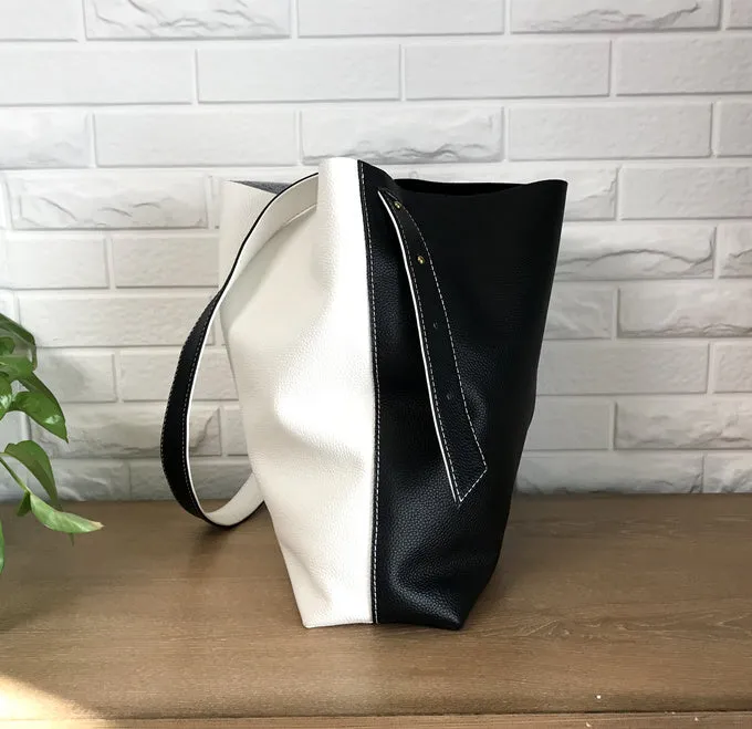 Stylish White Black Leather Tote Bag Shoulder Tote Bag Crossbody Tote Purse For Women