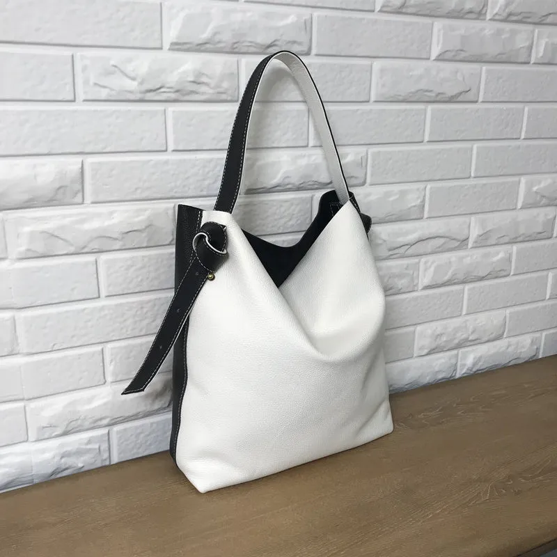 Stylish White Black Leather Tote Bag Shoulder Tote Bag Crossbody Tote Purse For Women