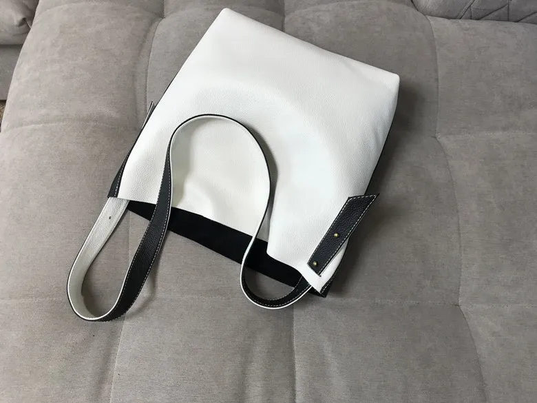 Stylish White Black Leather Tote Bag Shoulder Tote Bag Crossbody Tote Purse For Women