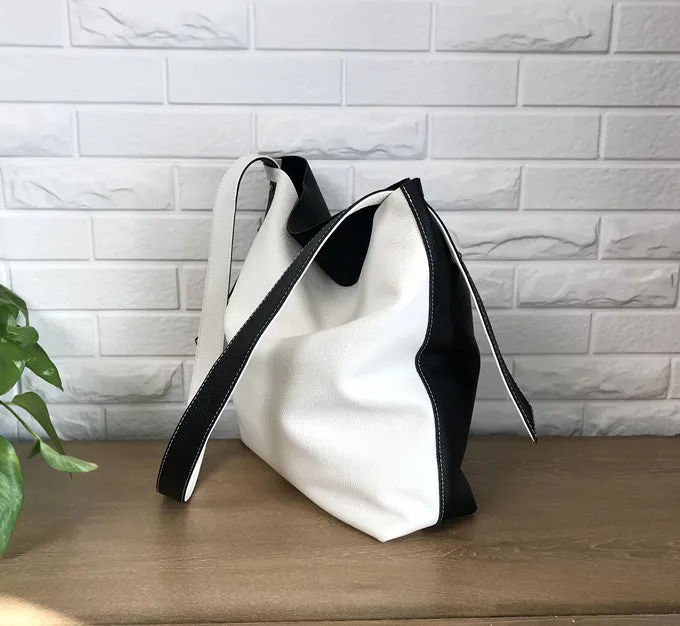 Stylish White Black Leather Tote Bag Shoulder Tote Bag Crossbody Tote Purse For Women