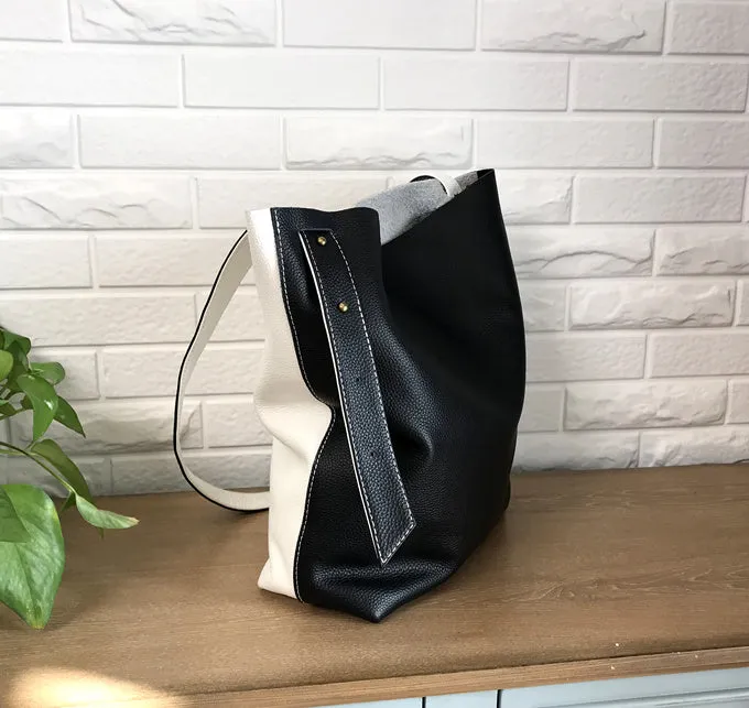 Stylish White Black Leather Tote Bag Shoulder Tote Bag Crossbody Tote Purse For Women