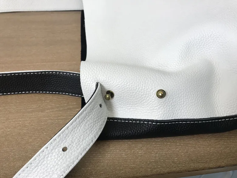 Stylish White Black Leather Tote Bag Shoulder Tote Bag Crossbody Tote Purse For Women