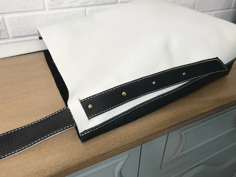 Stylish White Black Leather Tote Bag Shoulder Tote Bag Crossbody Tote Purse For Women