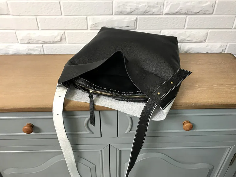 Stylish White Black Leather Tote Bag Shoulder Tote Bag Crossbody Tote Purse For Women