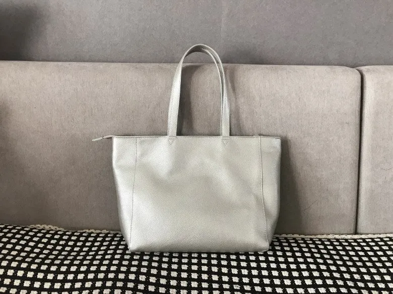 Stylish Womens Silver Leather Tote Bag Shoulder Tote Bag Silver Tote Purse For Women