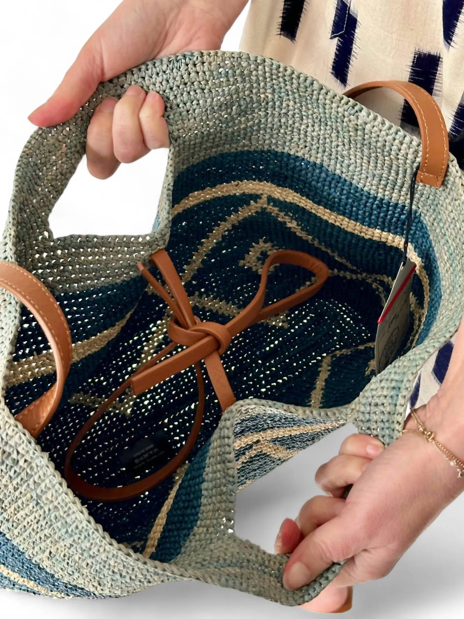 Tote Bag With Ethnic Motif In Denim Blue/natural