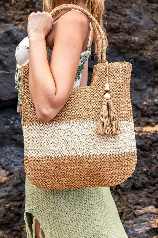 Valeria Two Tone Woven Straw Tote Bag