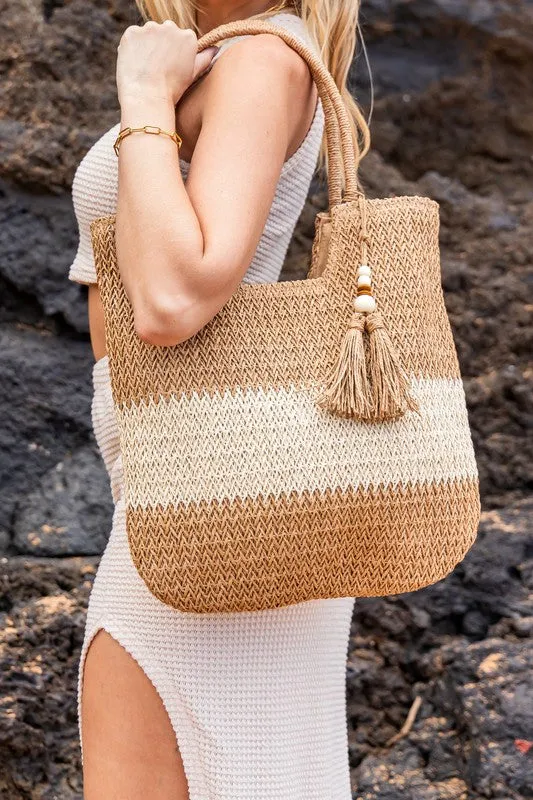 Valeria Two Tone Woven Straw Tote Bag