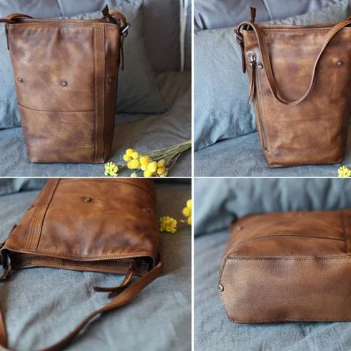 Vintage Brown Womens Leather Vertical Tote Bucket Bag Tan Large Barrel Tote Bag for Ladies