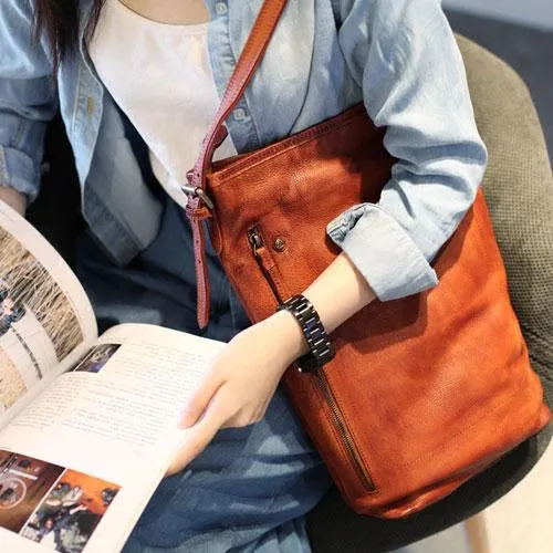 Vintage Brown Womens Leather Vertical Tote Bucket Bag Tan Large Barrel Tote Bag for Ladies