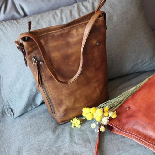 Vintage Brown Womens Leather Vertical Tote Bucket Bag Tan Large Barrel Tote Bag for Ladies