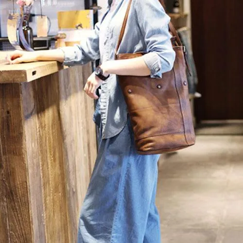 Vintage Brown Womens Leather Vertical Tote Bucket Bag Tan Large Barrel Tote Bag for Ladies