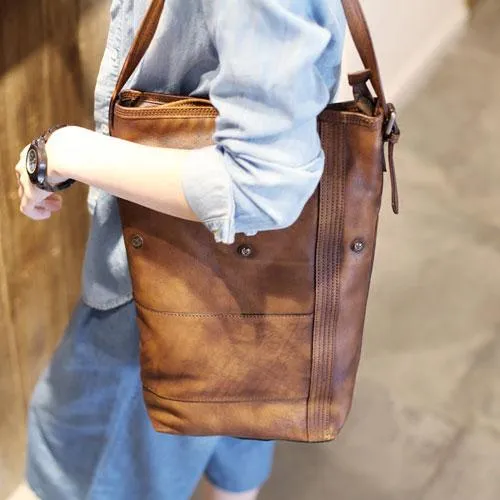 Vintage Brown Womens Leather Vertical Tote Bucket Bag Tan Large Barrel Tote Bag for Ladies