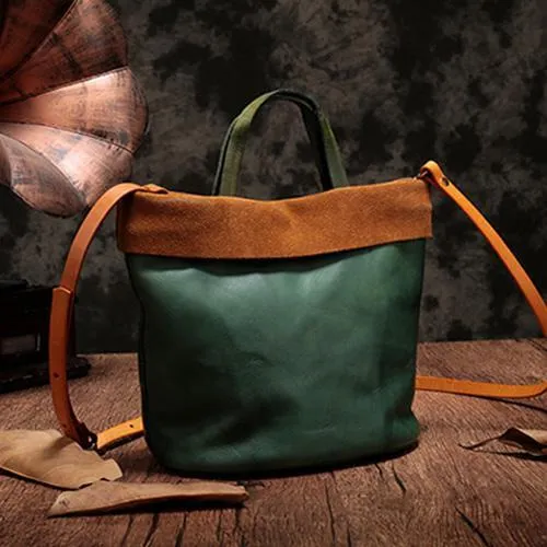 Vintage WOmens Green Leather Small Tote Bucket Bag Brown Small Tote Handbags Purse for Ladies