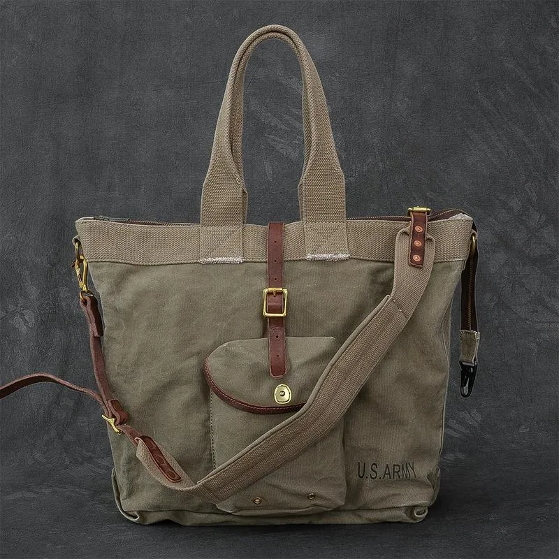 Washed Canvas Leather Mens 15'' Army Green Tote Bag Handbag Tote Bag Light Coffee Shoulder Bag Tote Purse For Men