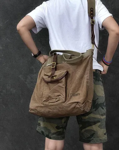 Washed Canvas Leather Mens 15'' Army Green Tote Bag Handbag Tote Bag Light Coffee Shoulder Bag Tote Purse For Men