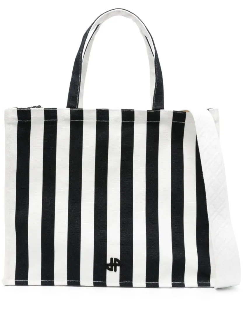 White/Black Cotton Canvas Bag With Striped Print