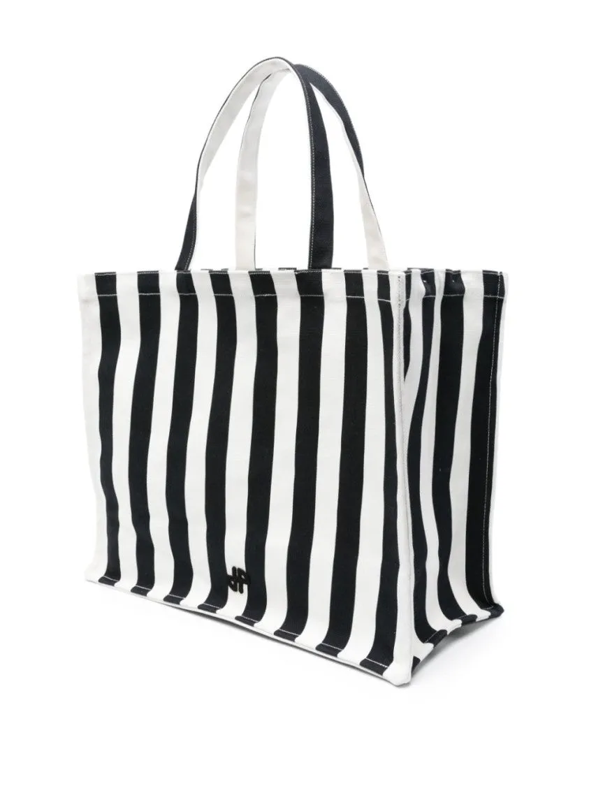 White/Black Cotton Canvas Bag With Striped Print