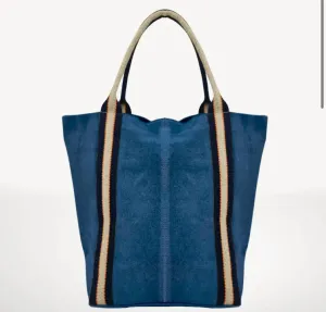 Women Suede And Stripe Tote Bag In Dark Blue