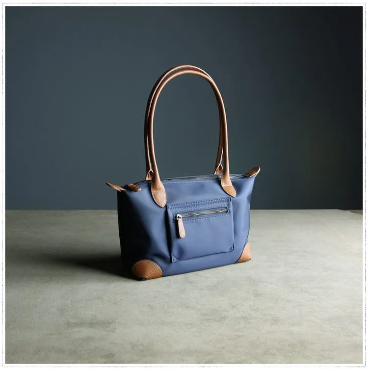 Womens Dark Blue&Brown Nylon Shoulder Tote Small Dark Blue Nylon&Brown Handbag Purse for Ladies